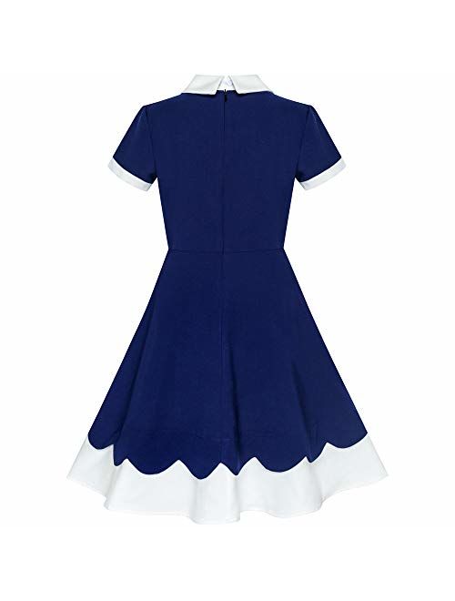 Sunny Fashion Girls Dress Back School Navy Blue White Collar Tie Short Sleeve