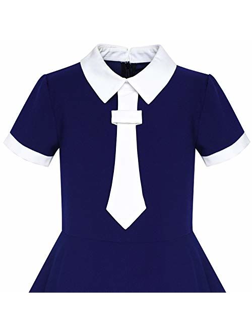 Sunny Fashion Girls Dress Back School Navy Blue White Collar Tie Short Sleeve