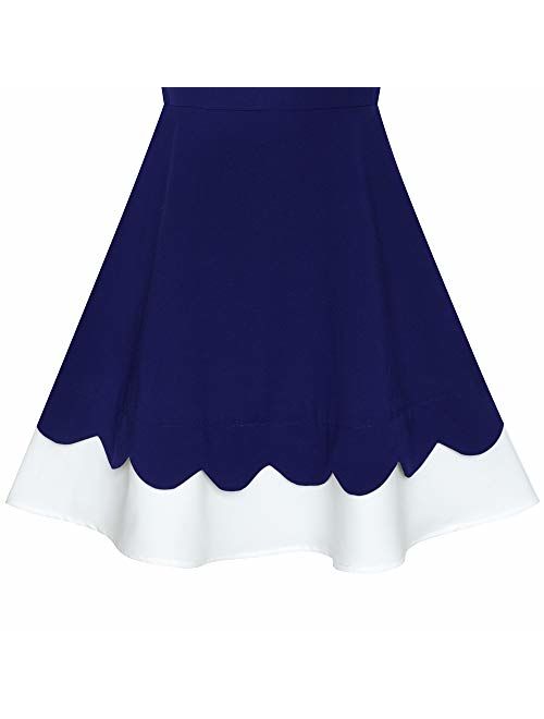Sunny Fashion Girls Dress Back School Navy Blue White Collar Tie Short Sleeve