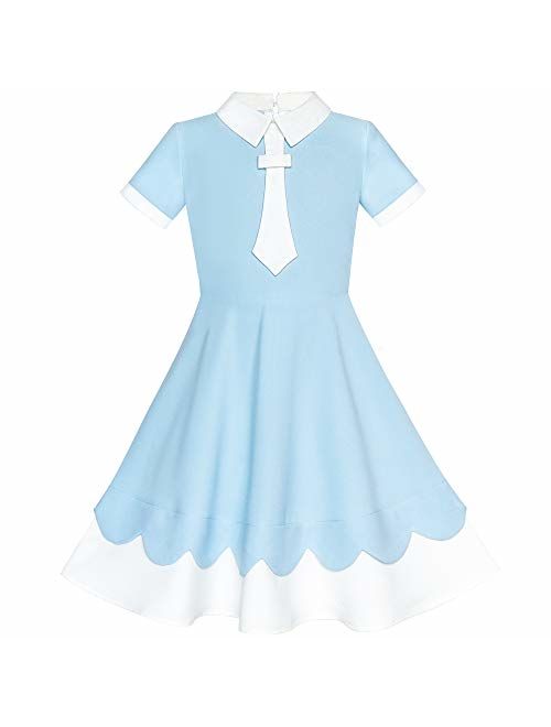 Sunny Fashion Girls Dress Back School Navy Blue White Collar Tie Short Sleeve