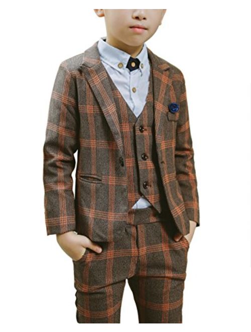 Boys Plaid Suits 3 Pieces Suit Set Blazer Vest Pants Formal 7 Colors for Wedding Party