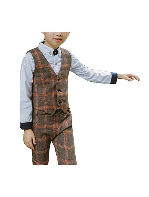 Boys Plaid Suits Formal Dress Blazer Vest Pants 3 Pieces Gray & Navy 2 Colors