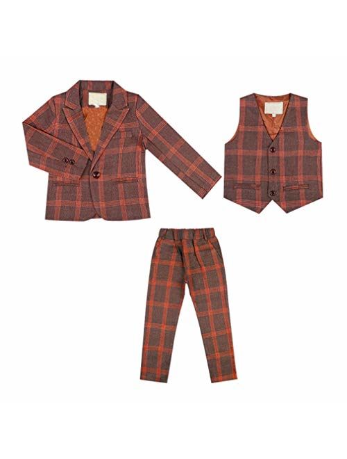 Boys Plaid Suits 3 Pieces Suit Set Blazer Vest Pants Formal 7 Colors for Wedding Party