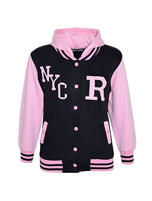 Kids Girls Boys R Fashion NYC Baseball Hooded Jacket Varsity Hoodie 5-13 Years