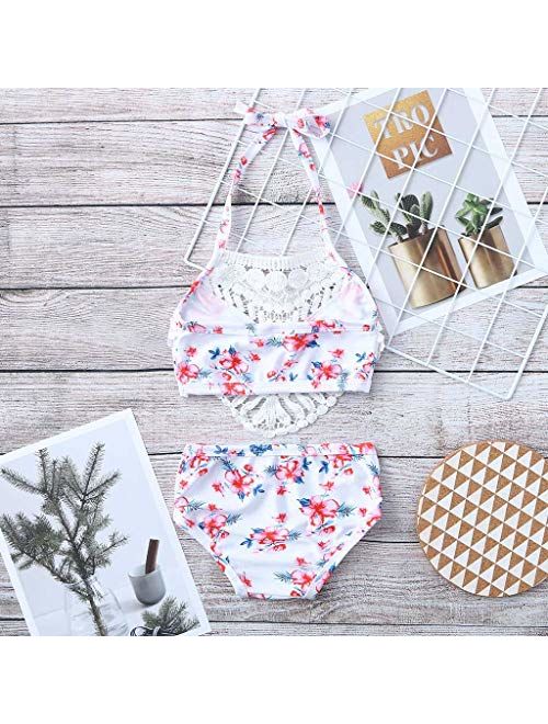 Little Girls Summer Bikini Sets,Jchen Baby Kids Girls Swimsuits Floral Print Lace Sling Bikini Tops with Shorts Bathing Suits