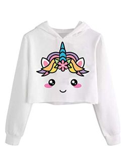 Girls Unicorn Crop Tops Kids Cute Hoodies Long Sleeves Pullover Sweatshirts