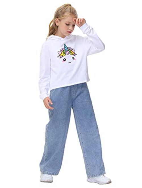 Girls Unicorn Crop Tops Kids Cute Hoodies Long Sleeves Pullover Sweatshirts