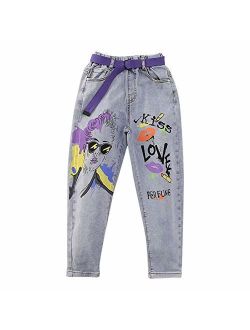 Digirlsor Little Big Girls Elastic Waist Jeans Toddler Kids Cartoon Print Casual Denim Pants Trousers,4-11Y