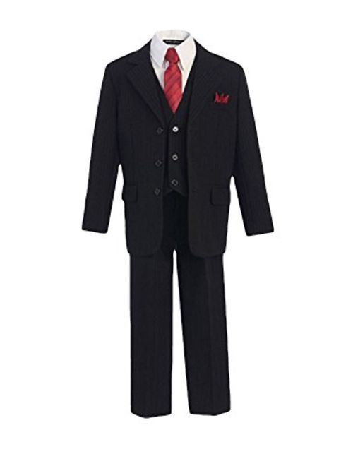 Boys Pinstripe Suit in Black with Matching Dark Red Burgundy Tie