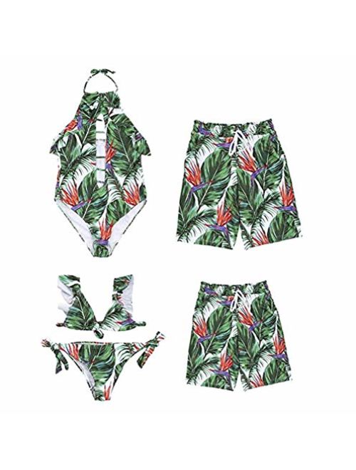 MISSugar Family Leaf Bikini Set Mommy&Girl Straps Swimsuit Daddy&Boy Swim Trunks
