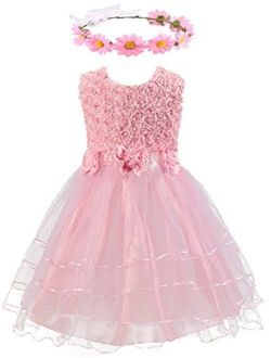 Shiny Toddler 3D Rose Petal Bowknot Christmas Flower Girl Birthday Party Tutu Dress with Sunflower Headband