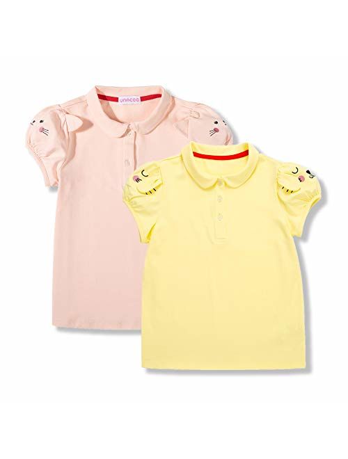 UNACOO Toddler Girls 2 Packs Polo Shirt with Picot Collar Cotton Short Sleeve T-Shirt (Age 2-8 Years)