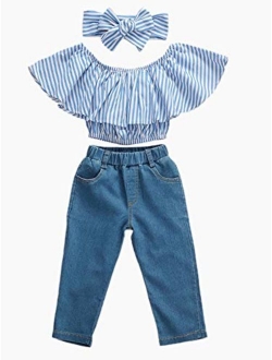 MAINESAKA Toddler Girl Stripe Off-Shoulder Tube Top + Pant Set Outfit