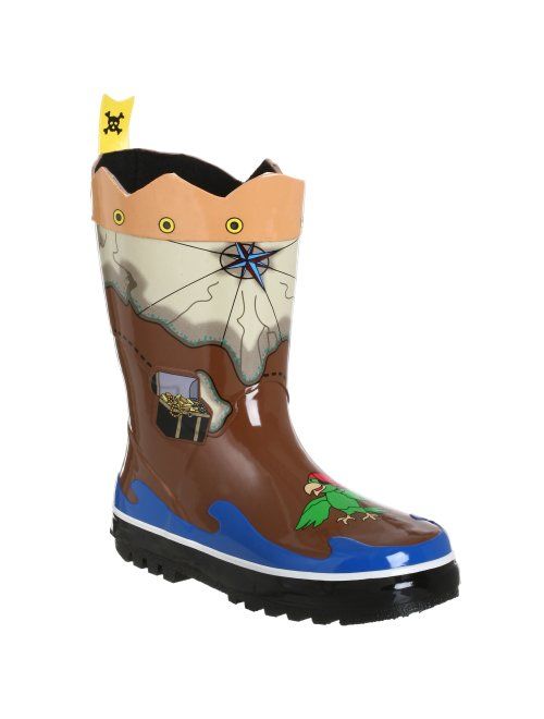Kidorable Pirate Brown Rubber Rain Boots With Fun Crossbones Pull On Heel Tab