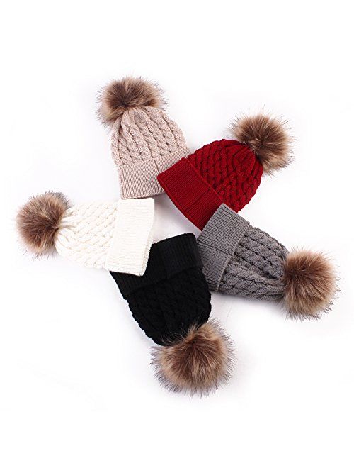 Baby Boys Girls Winter Knit Beanie Parent-Child Raccoon Fur Pom Bobble Hat Family Crochet Ski Cap