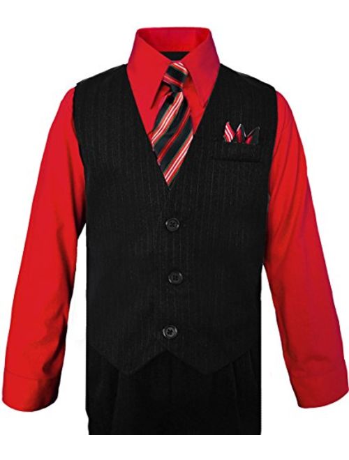 Black n Bianco Boys Pinstripe Dress Suit, with Vest, Shirt, Tie and Pants Set
