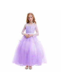 FYMNSI Flower Girls Lace Appliques First Communion Dress Long Sleeves Birthday Princess Ball Gown Wedding Dress 2-13T