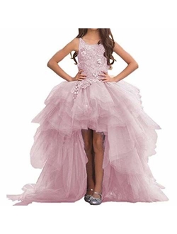 Angel Dress Shop Train Flower Girl Dress High-Low First Communion Lace Tulle Appliques Pageant Wedding Puffy Long Tail Dress