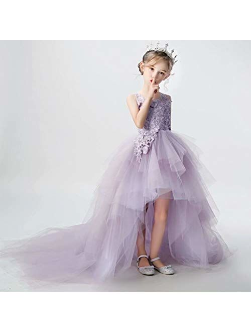 Angel Dress Shop Train Flower Girl Dress High-Low First Communion Lace Tulle Appliques Pageant Wedding Puffy Long Tail Dress