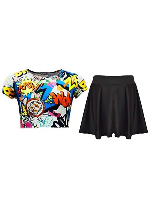 a2z4kids Comic Graffiti Leopard #Selfie Crop Top & Fashion Skater Skirt Set