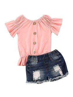 Toddler Baby Girls Jeans Shorts Outfits Floral Shirt Tops Ripped Denim Shorts Summer Clothes Set