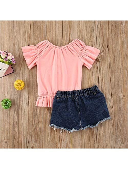 Canis Toddler Baby Girls Jeans Shorts Outfits Floral Shirt Tops Ripped Denim Shorts Summer Clothes Set