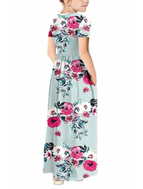 storeofbaby Girls Casual Maxi Floral Dress Short Sleeve Holiday Pockets Dresses for 5-13 Years 
