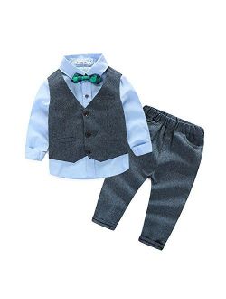 Boys 3Pcs Clothing Sets Cotton Long Sleeve Bowtie Shirts +Vest +Pants Casual Suit