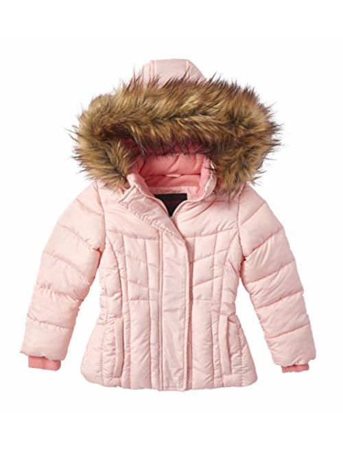 Girls Quilted Fleece Lined Winter Puffer Jacket Coat Faux Fur Trim Zip-Off Hood
