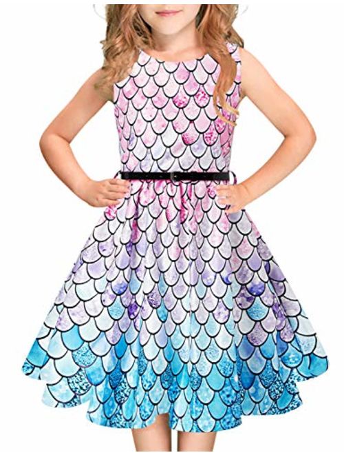 Funnycokid Girls Vintage Dress Sleeveless Swing Party Dresses with Belt 5-12 Years