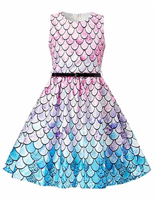 Funnycokid Girls Vintage Dress Sleeveless Swing Party Dresses with Belt 5-12 Years