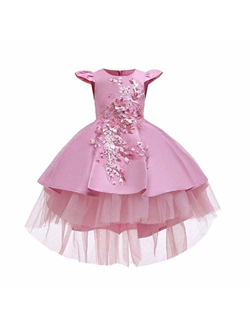 IBTOM CASTLE Little Girls Handmade Flower High Low Dress Birthday Party Fancy Lace Princess Costume Dance Ball Gown
