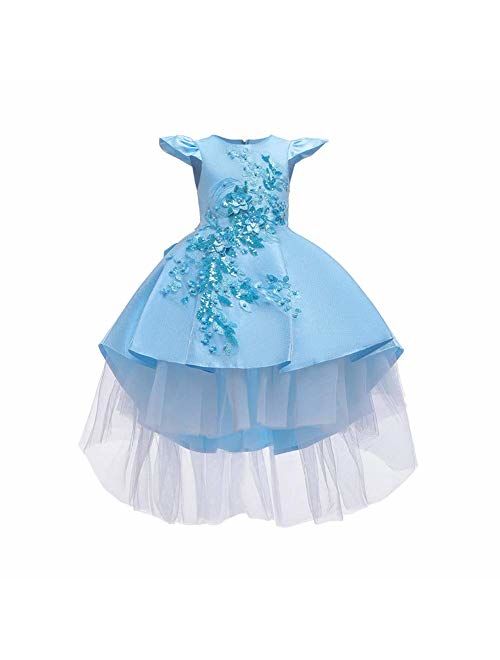 IBTOM CASTLE Little Girls Handmade Flower High Low Dress Birthday Party Fancy Lace Princess Costume Dance Ball Gown