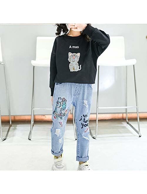 taitaibaby Girls Ripped Jeans Toddler Kids Elastic Waist Casual Printed Denim Pants Trousers with Holes,4-11 Years