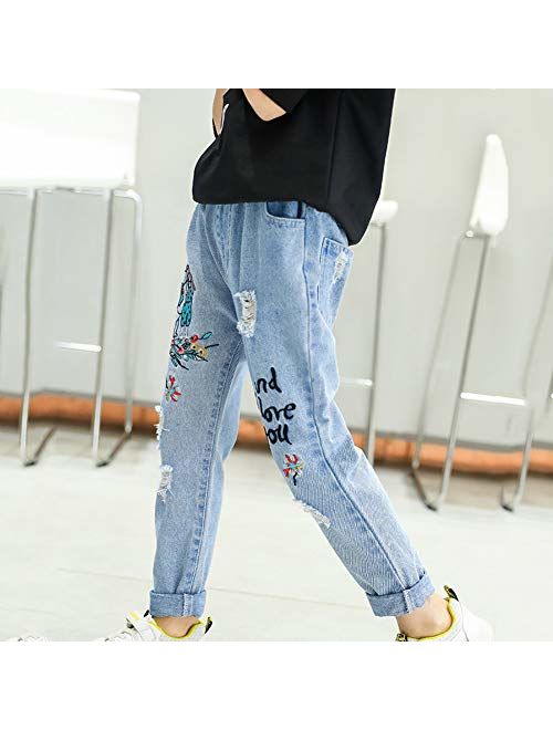 taitaibaby Girls Ripped Jeans Toddler Kids Elastic Waist Casual Printed Denim Pants Trousers with Holes,4-11 Years