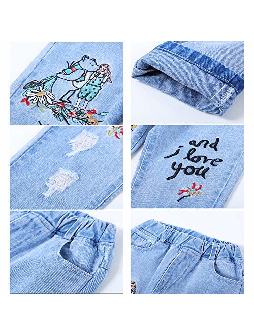 taitaibaby Girls Ripped Jeans Toddler Kids Elastic Waist Casual Printed Denim Pants Trousers with Holes,4-11 Years