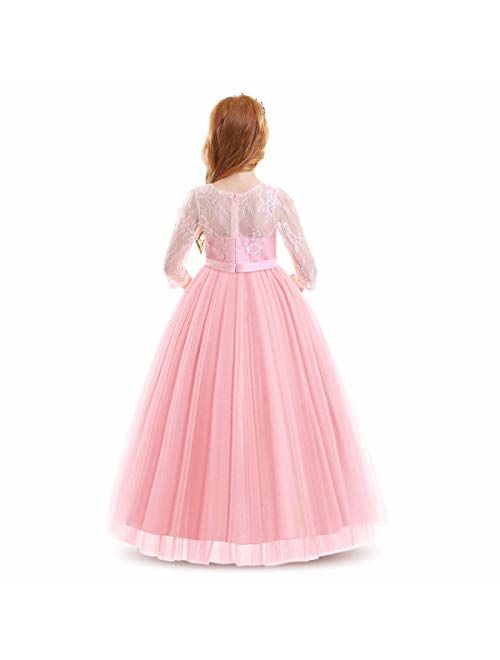 Kids Flower Tulle Lace Dress for Girl Party Fall Wedding Dance Evening Princess Long Sleeves Ball Maxi Gowns