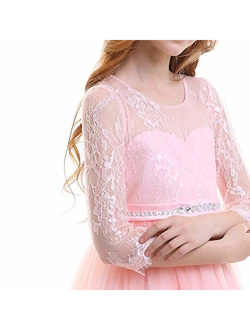Kids Flower Tulle Lace Dress for Girl Party Fall Wedding Dance Evening Princess Long Sleeves Ball Maxi Gowns