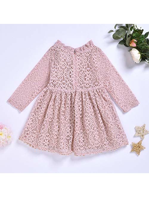 1-5T Kids Girl Hollow Lace Dress pom pom Short Sleeve Princess Frilled Waist Dress