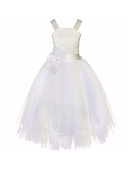 FEESHOW Girls Kids Lace up Back Wedding Bridesmaid Pageant Party Flower Girl Dress Fluffy Long Gowns