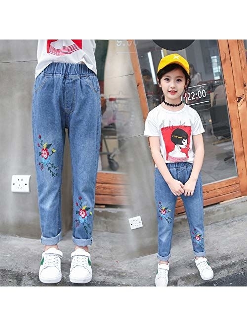 Digirlsor Girls Elastic Waist Jeans Toddler Kids Plum Flower Embroidery Trousers Fashion Denim Pants,3-12Y