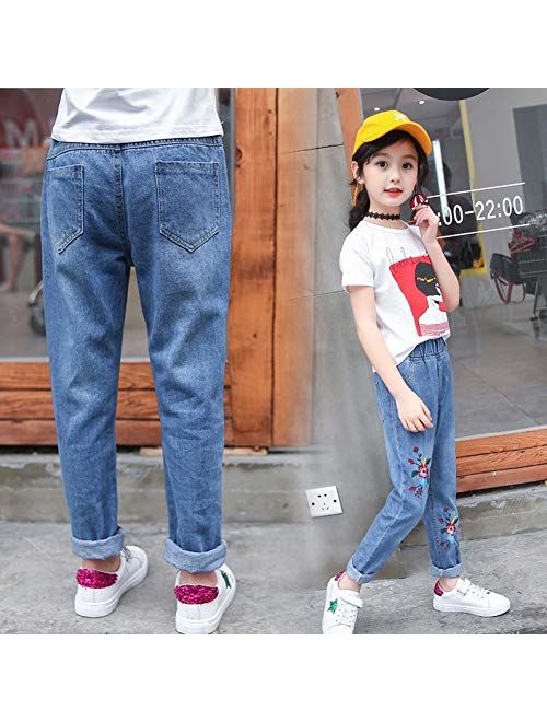 Digirlsor Girls Elastic Waist Jeans Toddler Kids Plum Flower Embroidery Trousers Fashion Denim Pants,3-12Y
