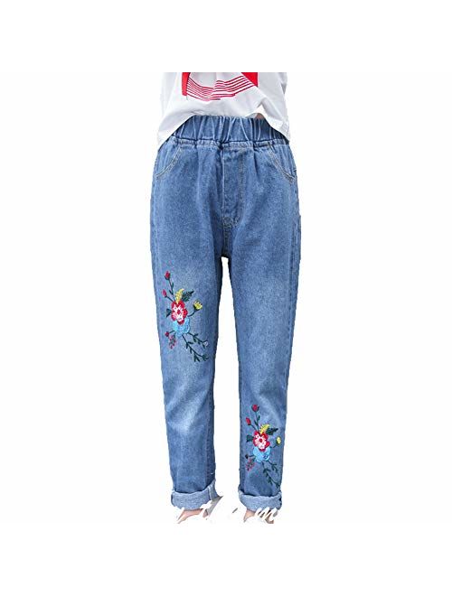 Digirlsor Girls Elastic Waist Jeans Toddler Kids Plum Flower Embroidery Trousers Fashion Denim Pants,3-12Y