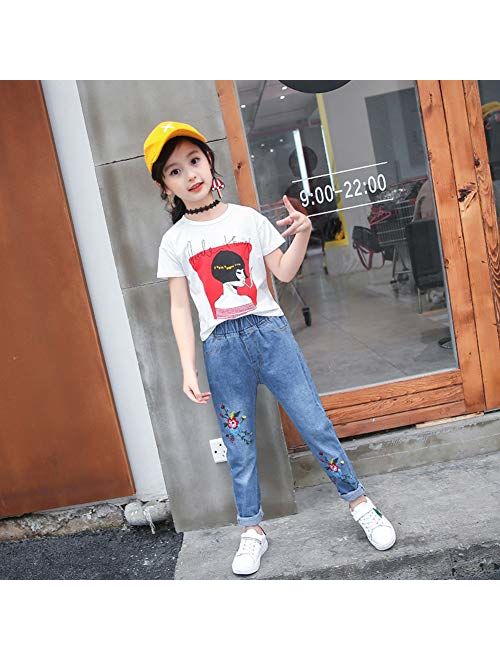 Digirlsor Girls Elastic Waist Jeans Toddler Kids Plum Flower Embroidery Trousers Fashion Denim Pants,3-12Y