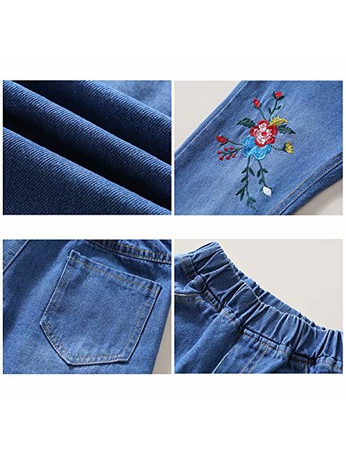 Digirlsor Girls Elastic Waist Jeans Toddler Kids Plum Flower Embroidery Trousers Fashion Denim Pants,3-12Y