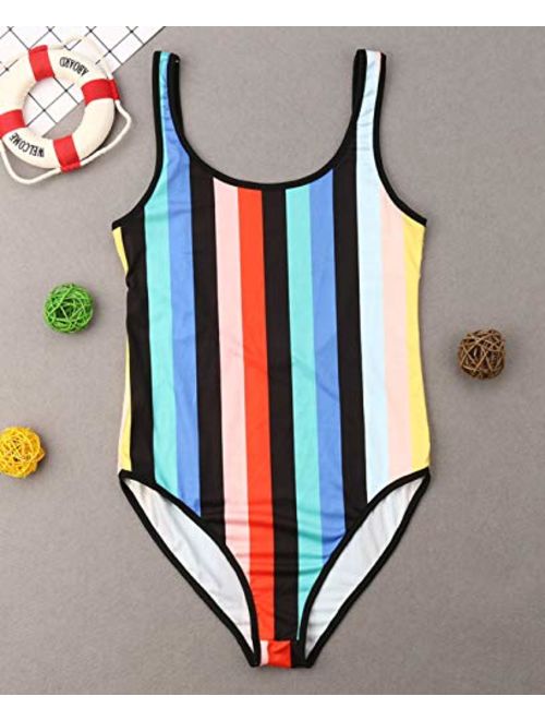 Mommy&Me 1 Piece Rainbow Striped Print Bathing Suit Family Matching Round Neck Sleeveless Backless Swimsuit Monokini