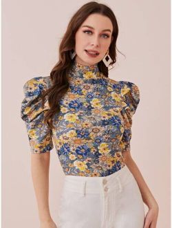 Mock Neck Puff Sleeve Floral Top