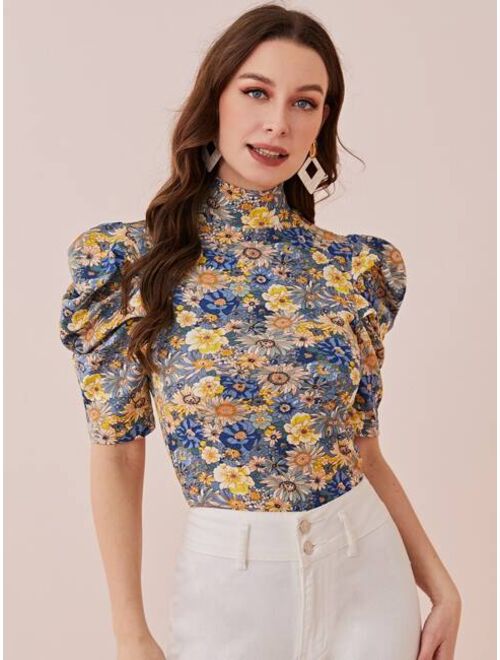 Shein Mock Neck Puff Sleeve Floral Top