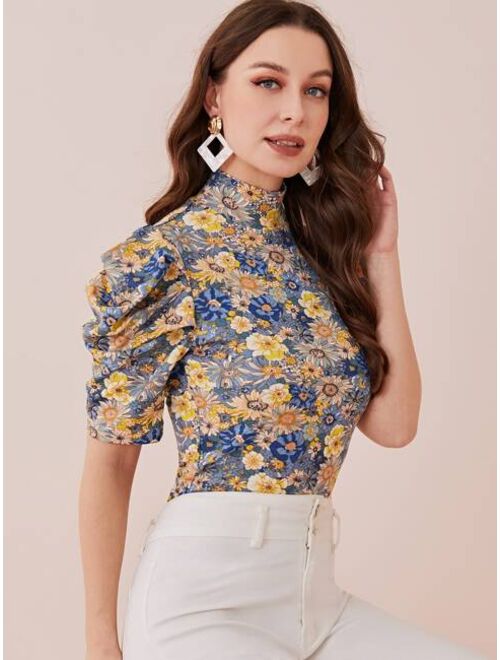 Shein Mock Neck Puff Sleeve Floral Top
