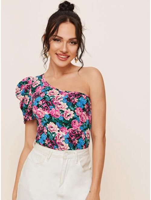 Shein One Shoulder Puff Sleeve Allover Floral Print Top